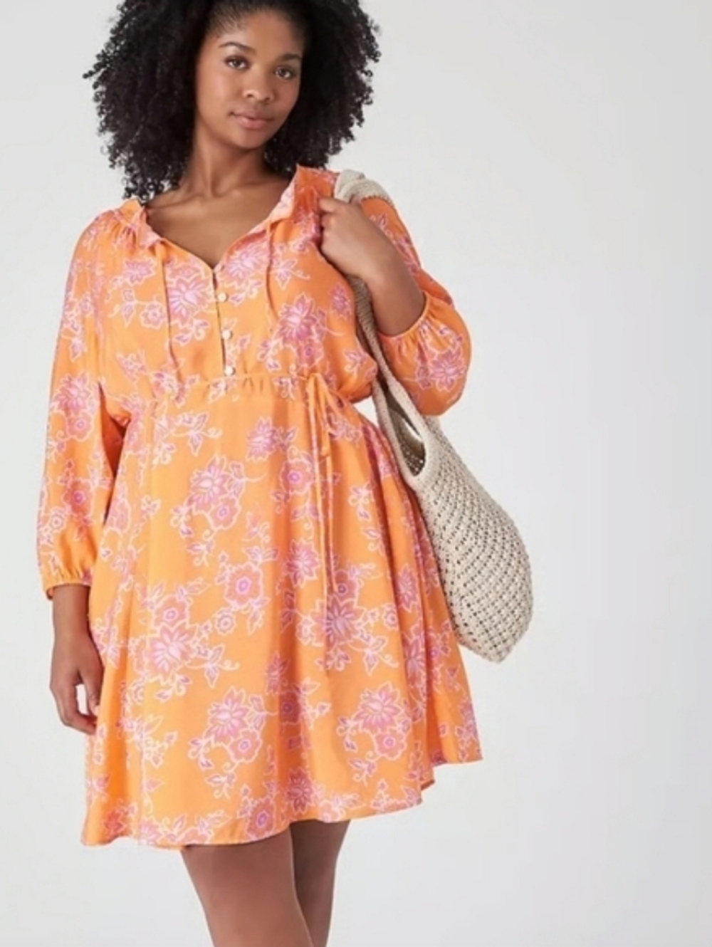 Lane Bryant Orange Pink Summer Floral Flowy Boho Mini Pockets Dress Plus 14/16
